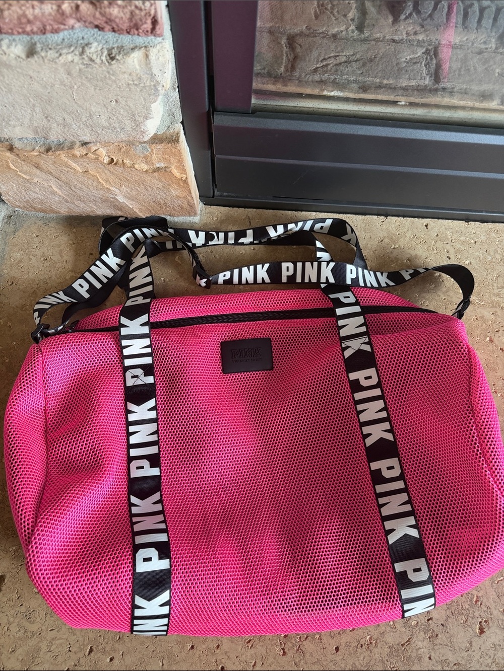 PINK Victoria's Secret Hot Pink Mesh Duffel with Black Logo Straps - like new